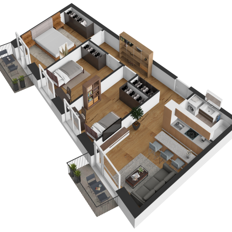 Floorplanner tekening 2 Plattegrond van een appartement met twee slaapkamers, woonkamer en keuken.