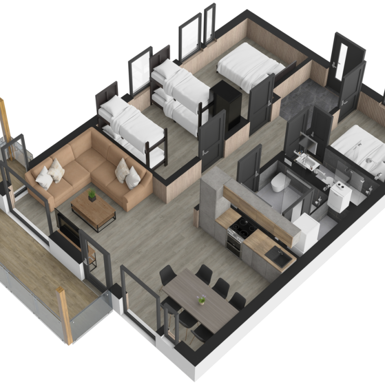 Floorplanner tekening Plattegrond van een moderne woning met woonkamer, keuken, slaapkamers en eetruimte.