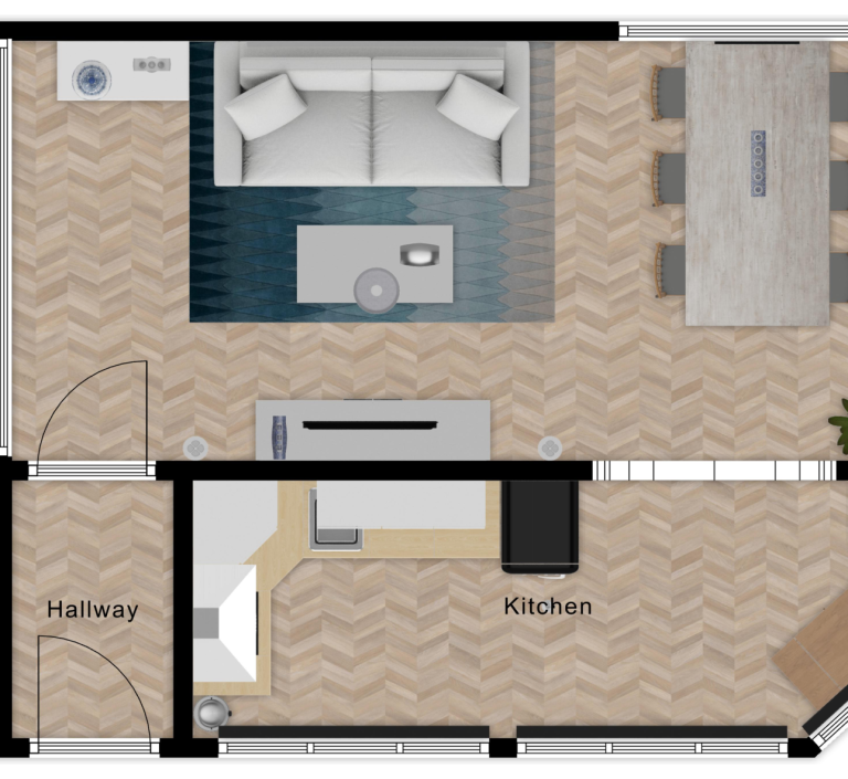 Floorplanner tekening 1 Plattegrond van een appartement met woonkamer, keuken en eetruimte.